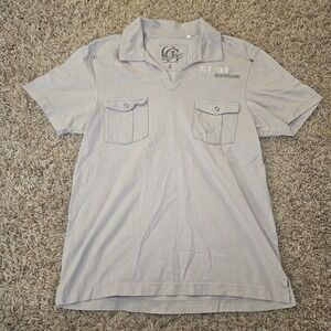 GUESS Mens Grey Beige Retro Style Polo Shirt Y2K Style Size Small Graphic Print